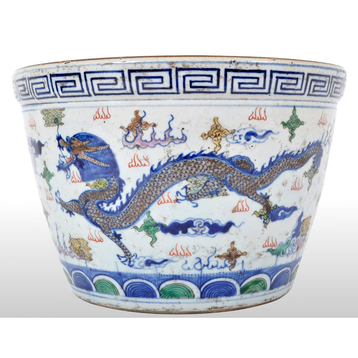 Antique Chinese Qing Dynasty Wucai Kangxi Period Porcelain Dragon Censer Bowl