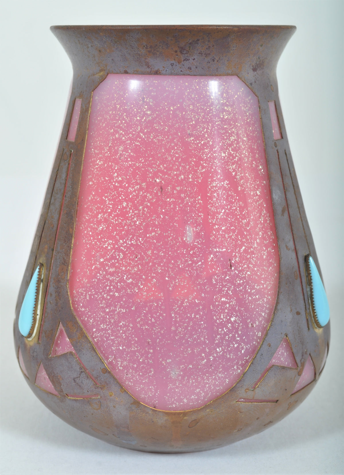Antique Arts & Crafts Glass Vase with Metal Mounts, Frederic Carder, Circa 1905