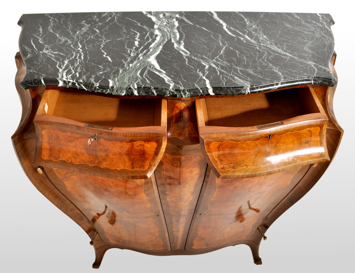 Antique French Art Nouveau Louis XV Inlaid Walnut Tall Marble Top Cabinet, circa 1900