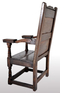Antique English Oak Jacobean Commonwealth Period Wainscot Armchair, circa 1650