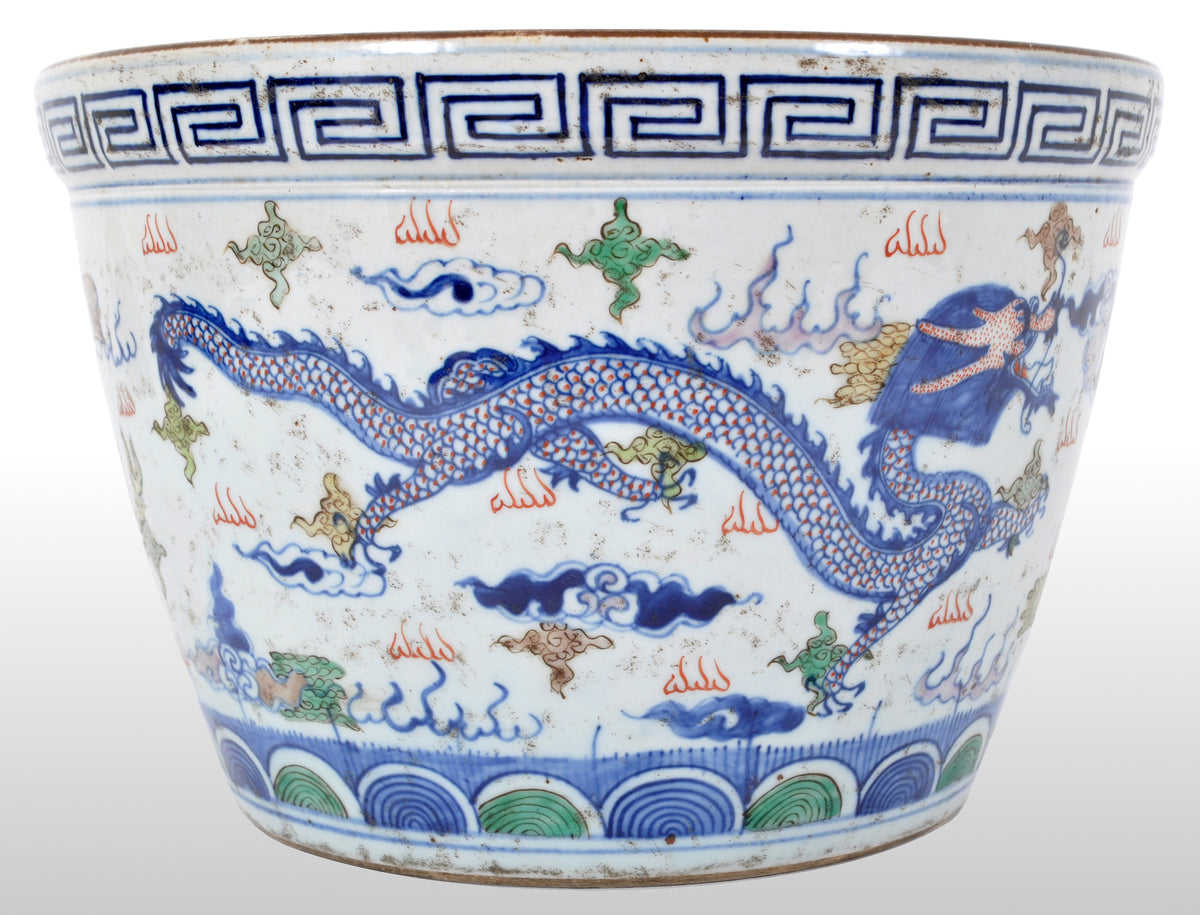 Antique Chinese Qing Dynasty Wucai Kangxi Period Porcelain Dragon Censer Bowl