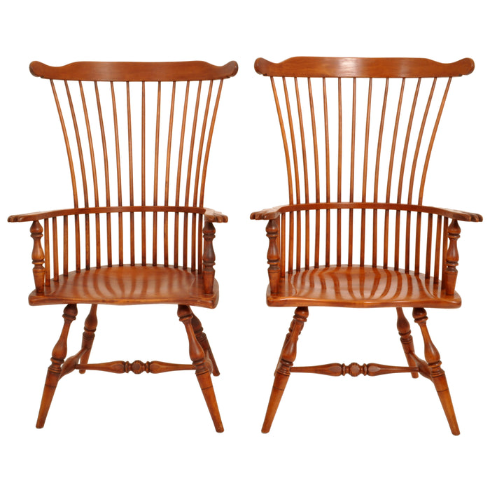 Pair of Antique Cherry Comb Fan Back Windsor Arm Chairs, Pennsylvania, circa 1900