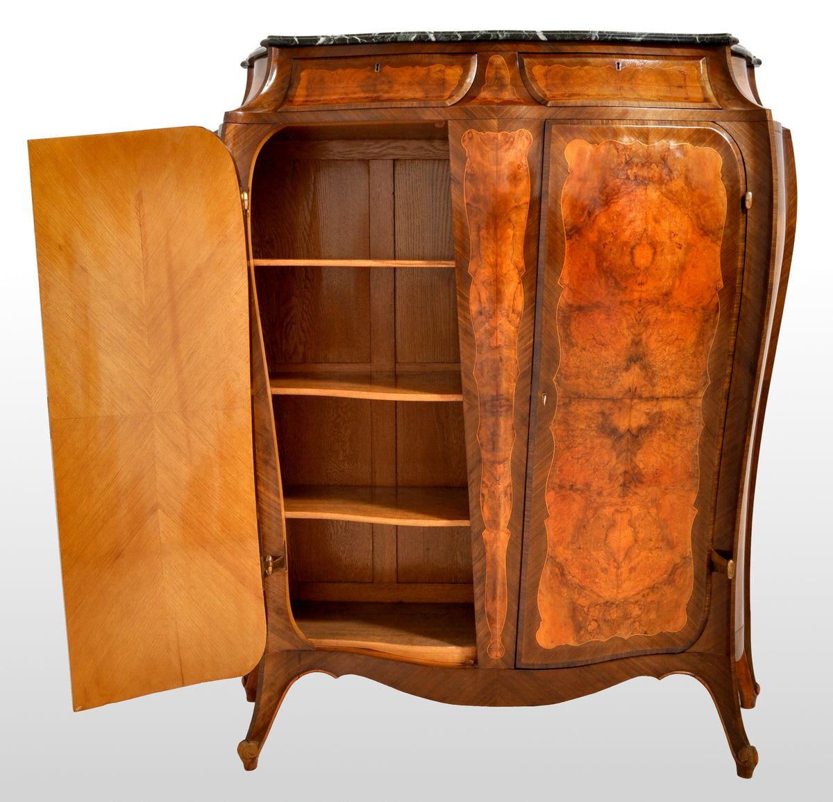 Antique French Art Nouveau Louis XV Inlaid Walnut Tall Marble Top Cabinet, circa 1900