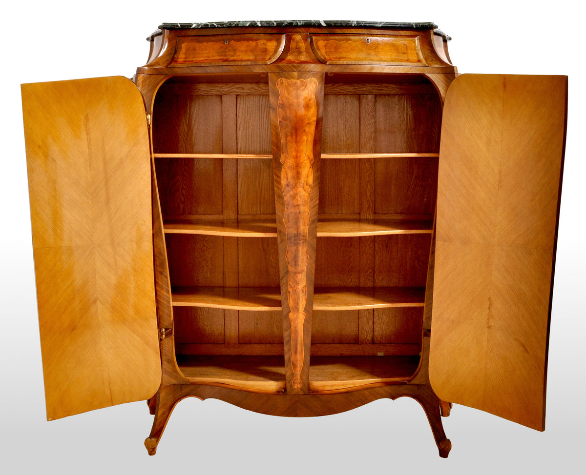 Antique French Art Nouveau Louis XV Inlaid Walnut Tall Marble Top Cabinet, circa 1900