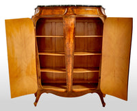 Antique French Art Nouveau Louis XV Inlaid Walnut Tall Marble Top Cabinet, circa 1900