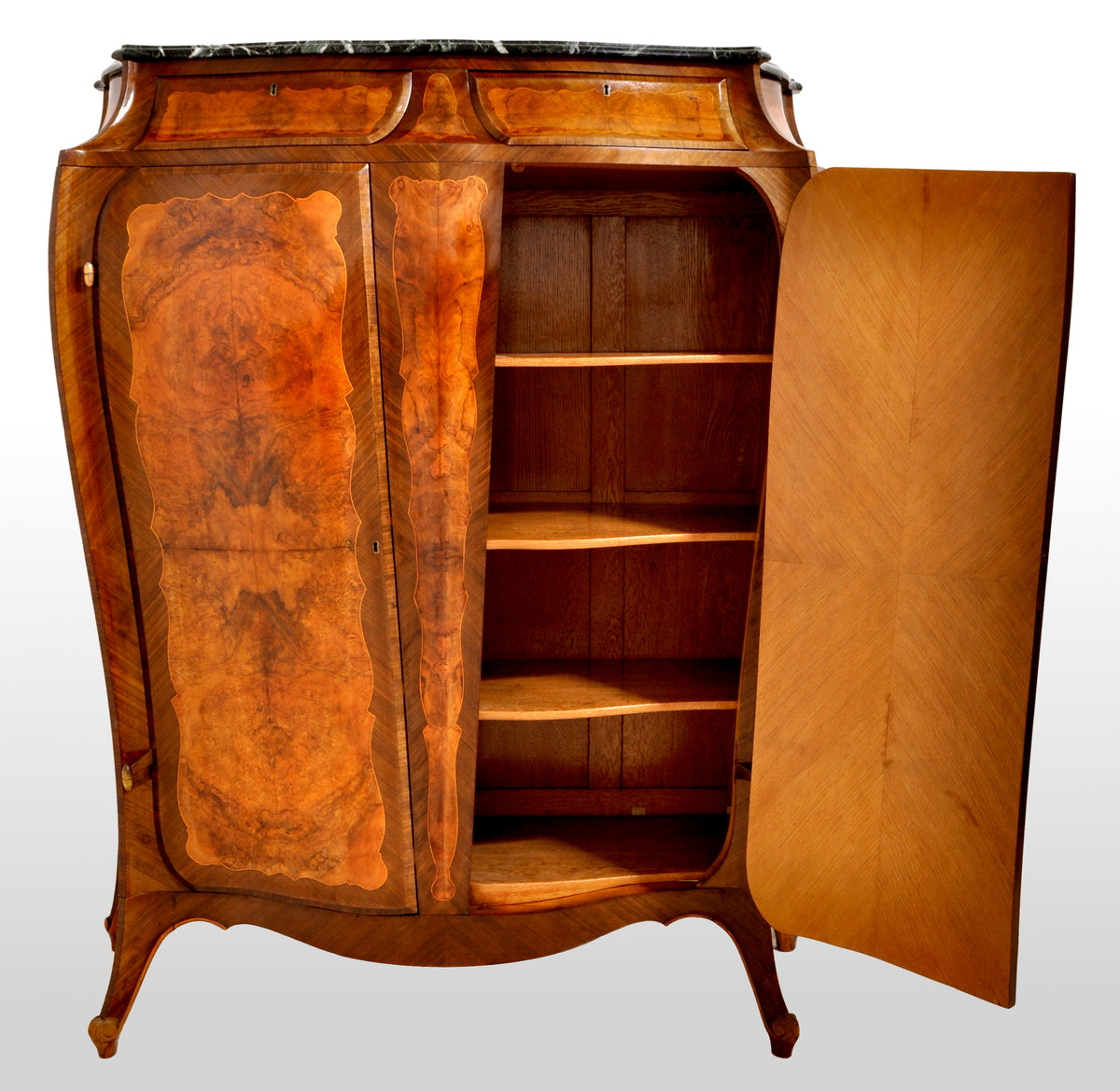 Antique French Art Nouveau Louis XV Inlaid Walnut Tall Marble Top Cabinet, circa 1900