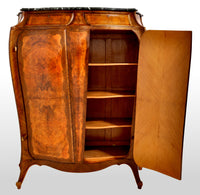 Antique French Art Nouveau Louis XV Inlaid Walnut Tall Marble Top Cabinet, circa 1900
