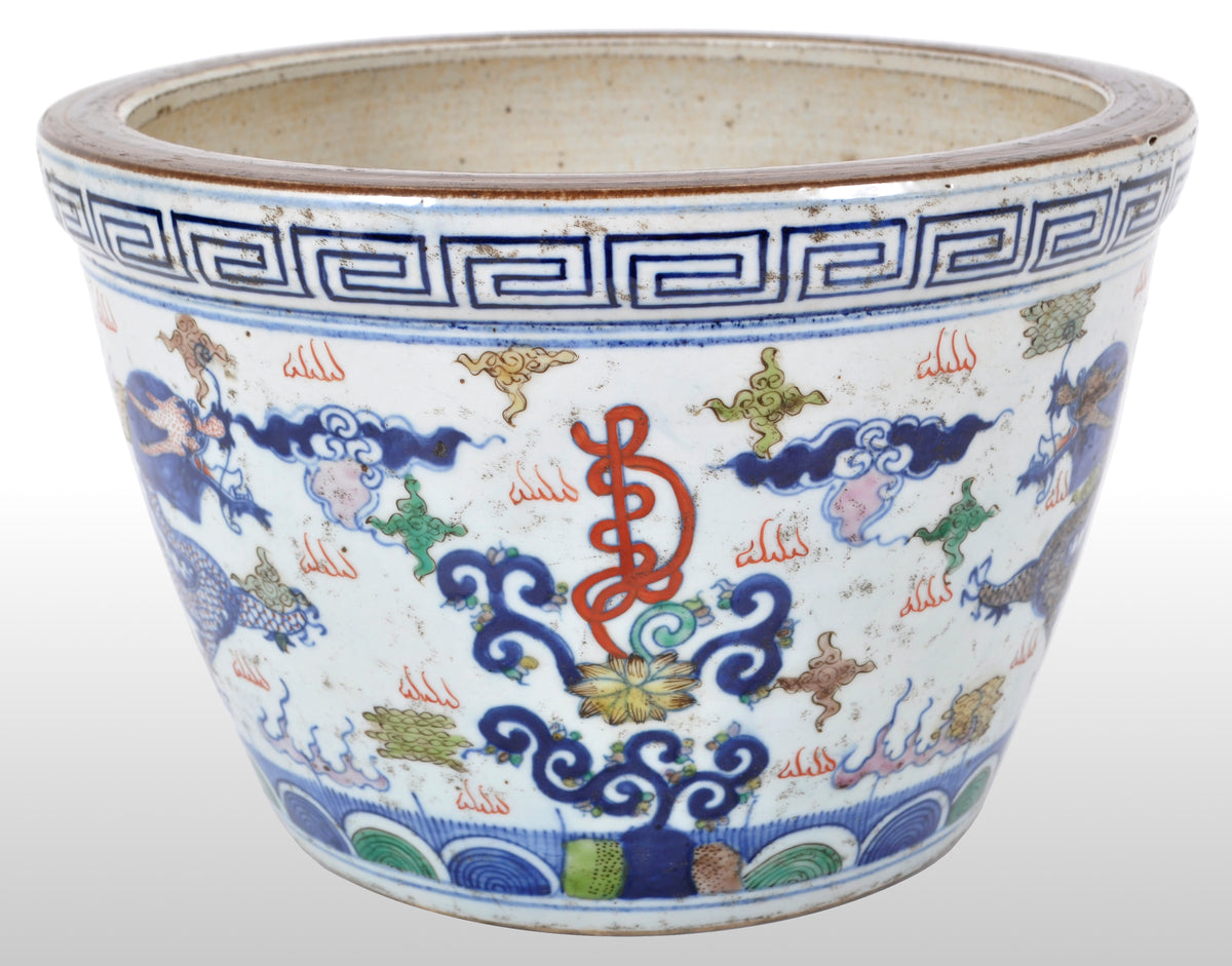 Antique Chinese Qing Dynasty Wucai Kangxi Period Porcelain Dragon Censer Bowl