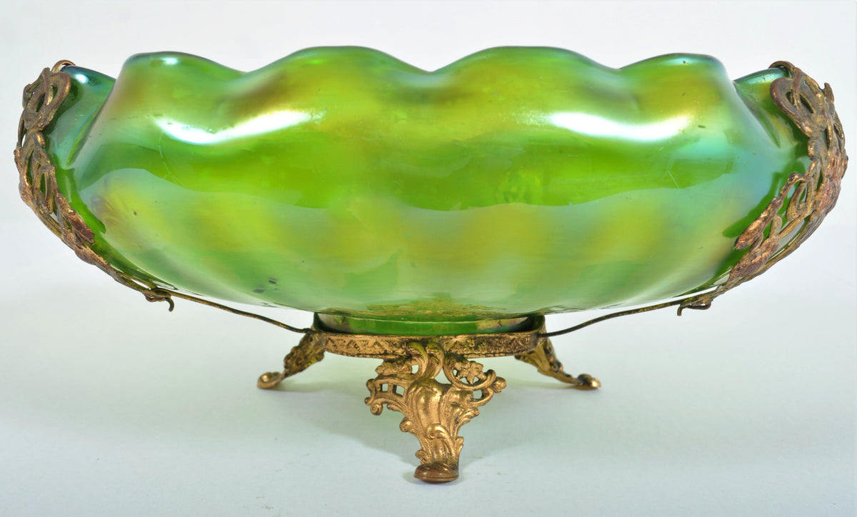 Antique Art Nouveau Czech Loetz Glass Bowl with Metal Mounts, Circa 1900