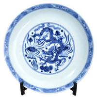 Antique 19th Century Chinese Qing Dynasty Imperial Blue and White Shallow Porcelain Bowl, Circa 1890