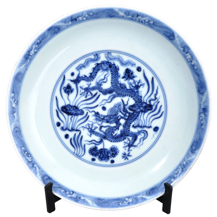 Antique 19th Century Chinese Qing Dynasty Imperial Blue and White Shallow Porcelain Bowl, Circa 1890
