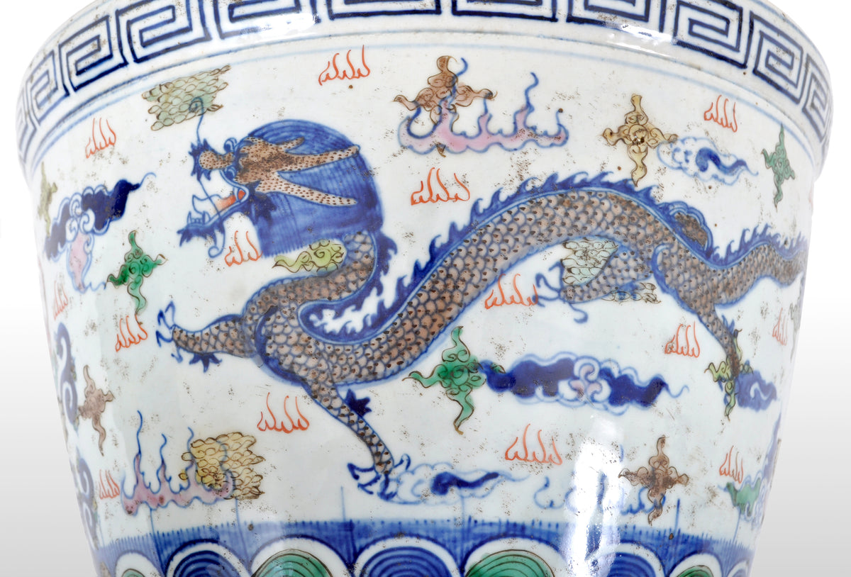 Antique Chinese Qing Dynasty Wucai Kangxi Period Porcelain Dragon Censer Bowl