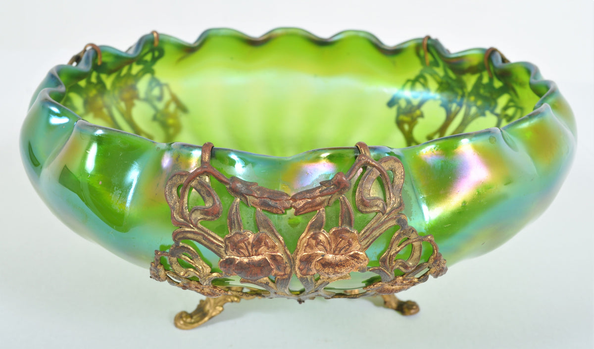 Antique Art Nouveau Czech Loetz Glass Bowl with Metal Mounts, Circa 1900