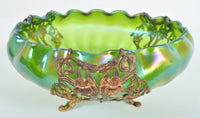 Antique Art Nouveau Czech Loetz Glass Bowl with Metal Mounts, Circa 1900