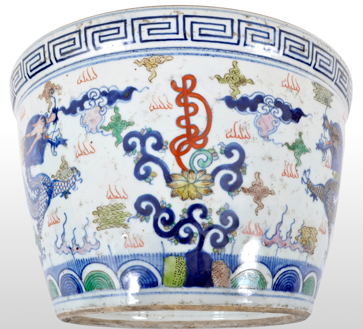 Antique Chinese Qing Dynasty Wucai Kangxi Period Porcelain Dragon Censer Bowl
