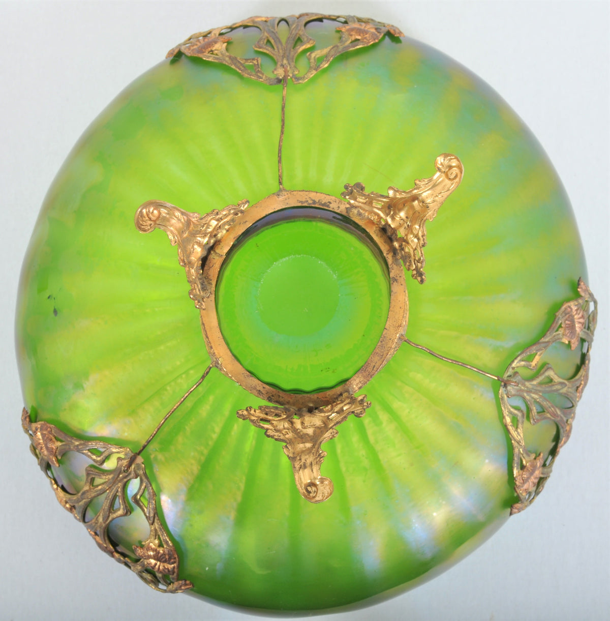 Antique Art Nouveau Czech Loetz Glass Bowl with Metal Mounts, Circa 1900