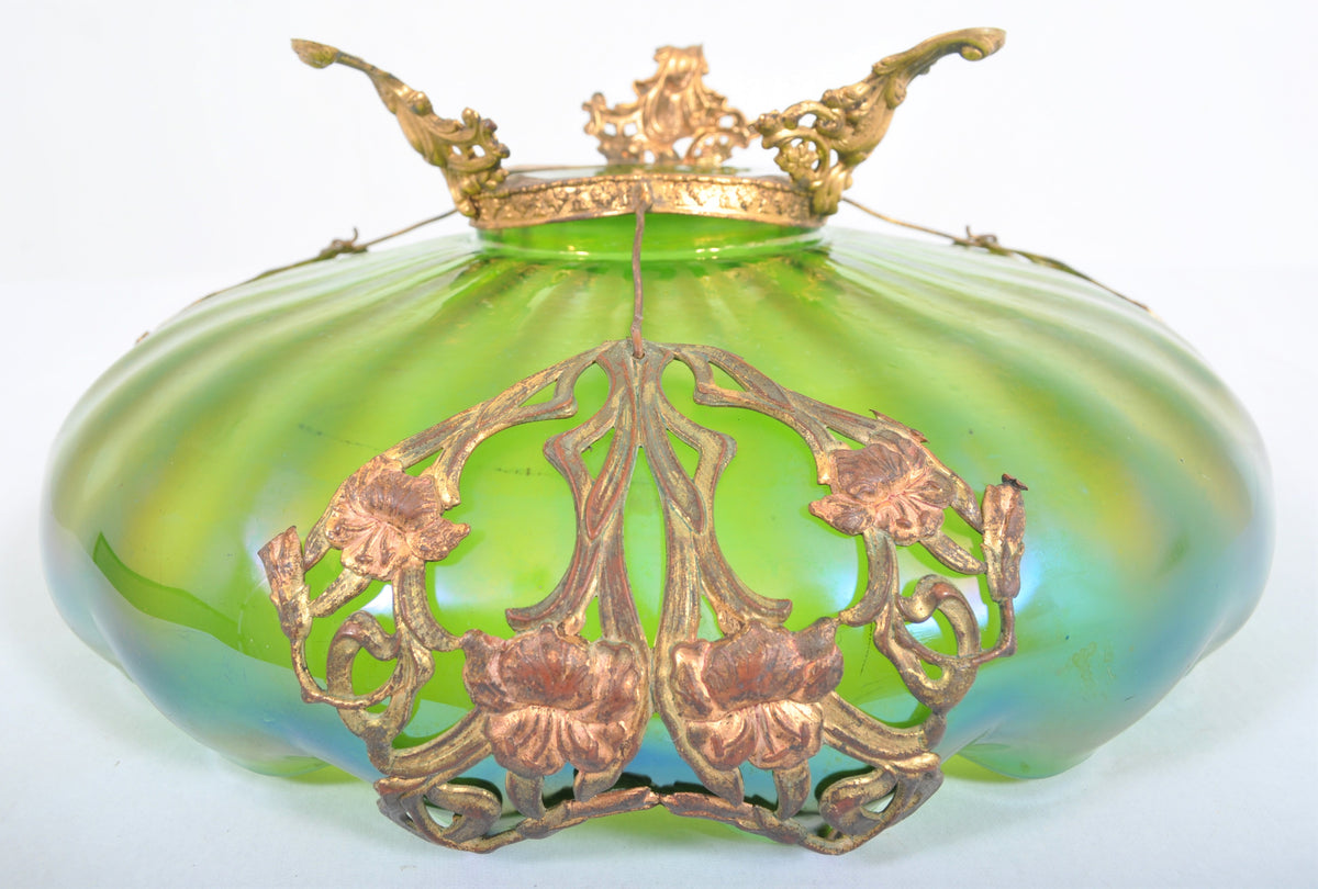 Antique Art Nouveau Czech Loetz Glass Bowl with Metal Mounts, Circa 1900