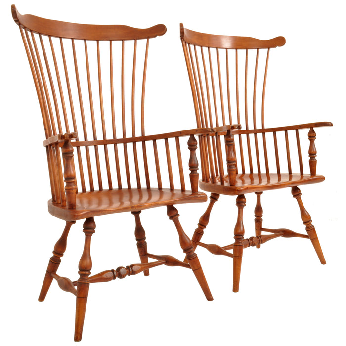 Pair of Antique Cherry Comb Fan Back Windsor Arm Chairs, Pennsylvania, circa 1900