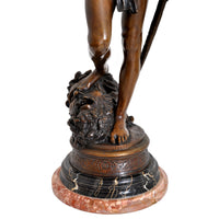 "David Apres le Combat" Antique French Bronze Statue & Marble Column by Antonin Mercie (1845-1916), circa 1880