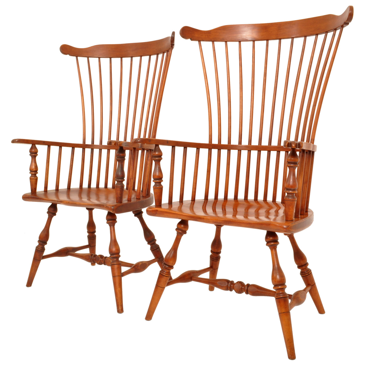 Pair of Antique Cherry Comb Fan Back Windsor Arm Chairs, Pennsylvania, circa 1900