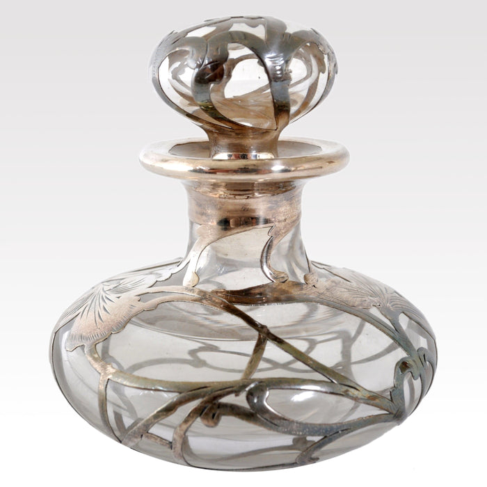 Antique Bohemian Glass Perfume Bottle with Engraved Silver Overlay, Circa 1890