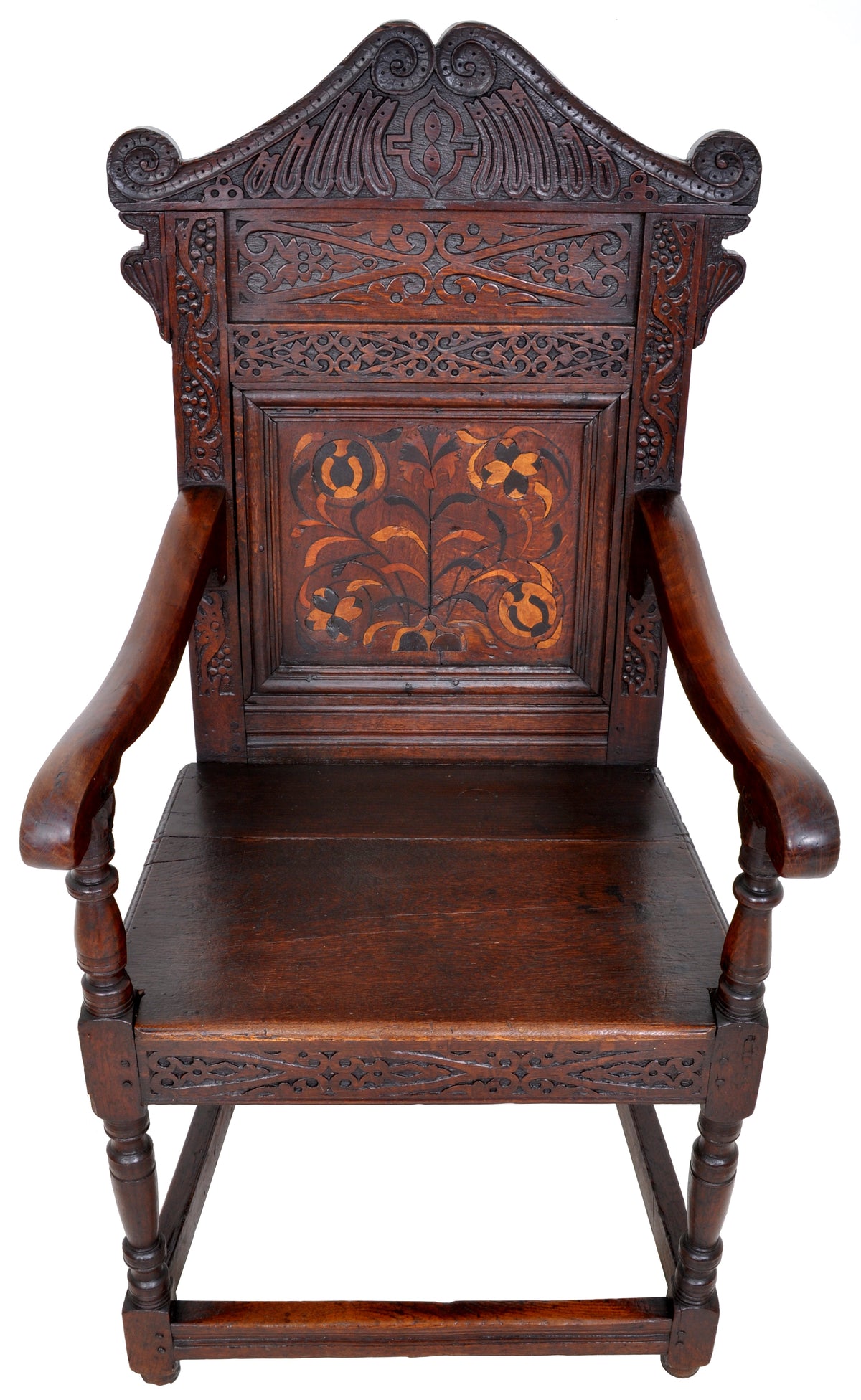Antique 17th Century Charles II Yorkshire Carved Inlaid Oak Wainscot Chair, circa 1670