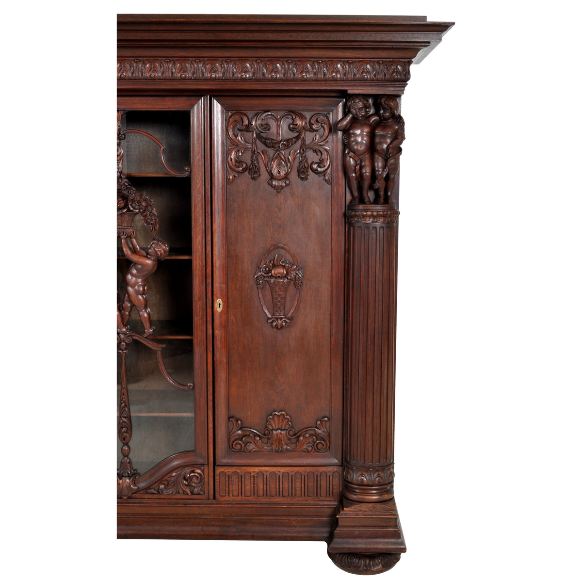 Antique German Baroque Revival Carved Oak Bookcase / Bibliotheque / Library Cabinet, circa 1890