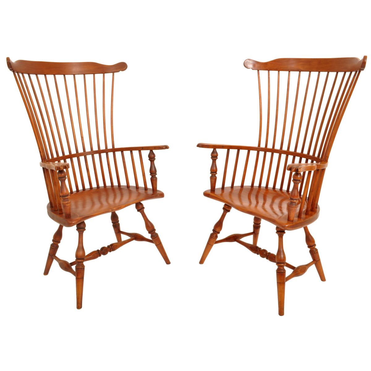 Pair of Antique Cherry Comb Fan Back Windsor Arm Chairs, Pennsylvania, circa 1900
