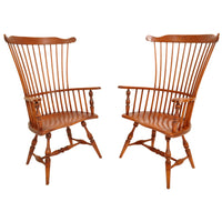 Pair of Antique Cherry Comb Fan Back Windsor Arm Chairs, Pennsylvania, circa 1900