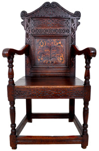 Antique 17th Century Charles II Yorkshire Carved Inlaid Oak Wainscot Chair, circa 1670