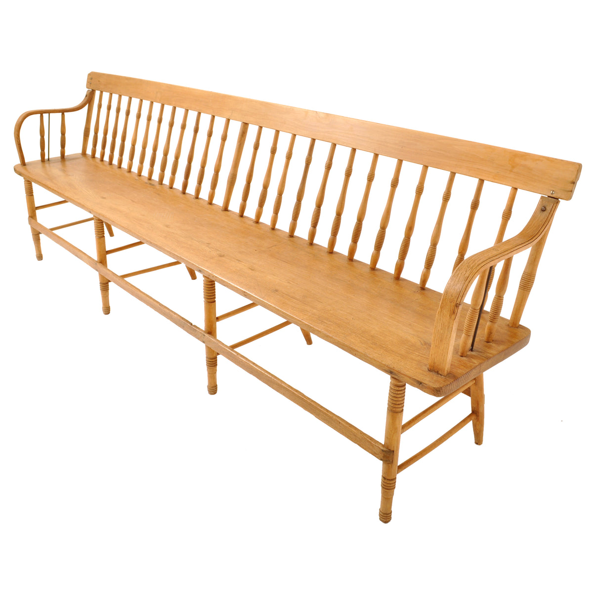 Antique American Windsor Pine & Maple Spindle Back Colonial Deacon's Bench, circa 1840