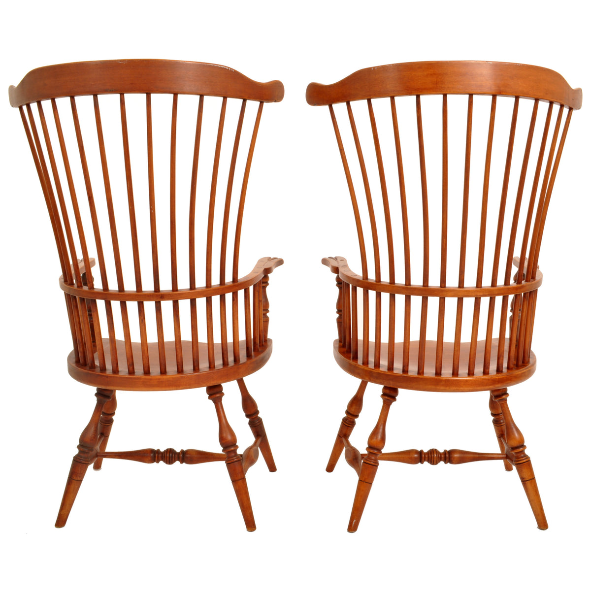 Pair of Antique Cherry Comb Fan Back Windsor Arm Chairs, Pennsylvania, circa 1900