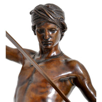 "David Apres le Combat" Antique French Bronze Statue & Marble Column by Antonin Mercie (1845-1916), circa 1880