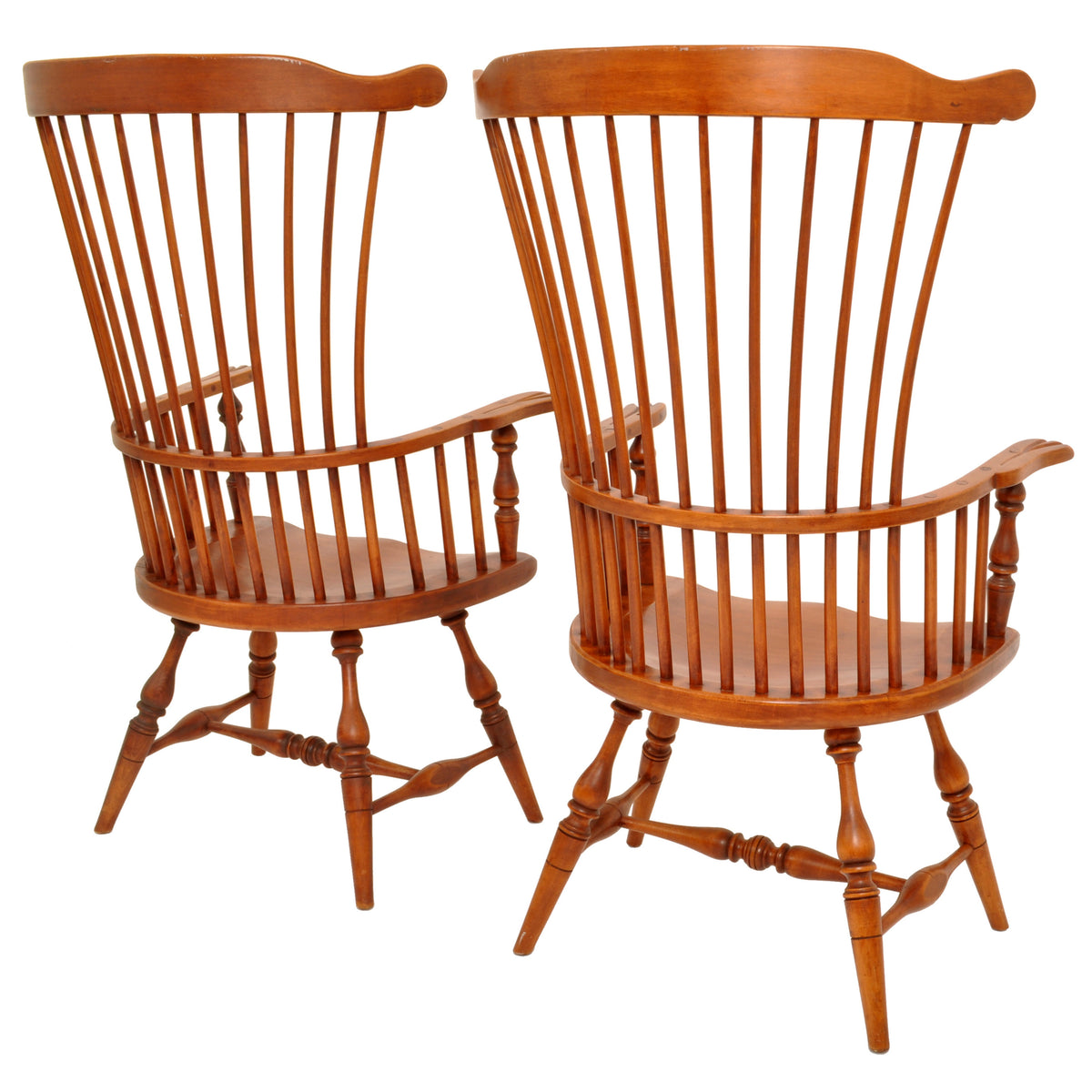 Pair of Antique Cherry Comb Fan Back Windsor Arm Chairs, Pennsylvania, circa 1900