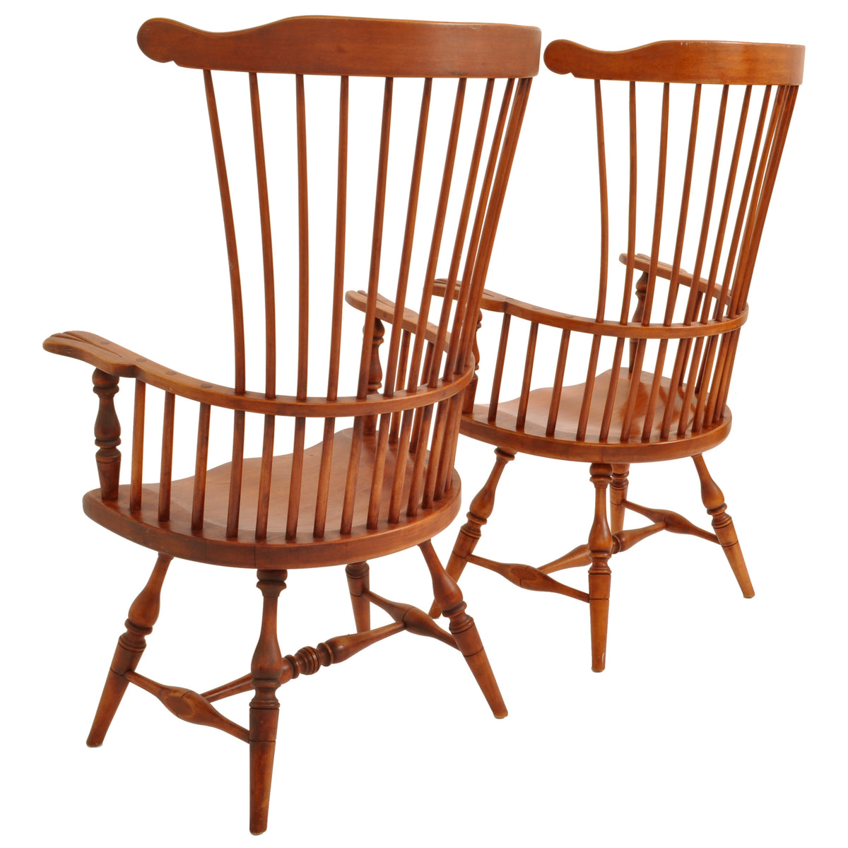 Pair of Antique Cherry Comb Fan Back Windsor Arm Chairs, Pennsylvania, circa 1900