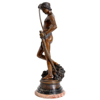 "David Apres le Combat" Antique French Bronze Statue & Marble Column by Antonin Mercie (1845-1916), circa 1880