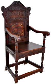 Antique 17th Century Charles II Yorkshire Carved Inlaid Oak Wainscot Chair, circa 1670