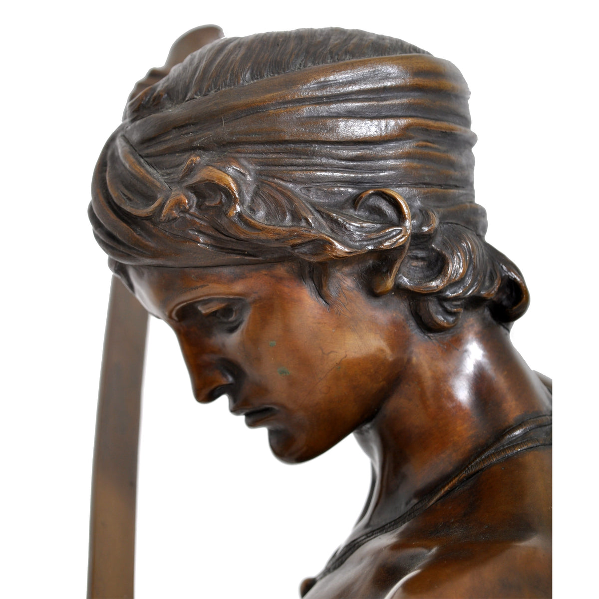 "David Apres le Combat" Antique French Bronze Statue & Marble Column by Antonin Mercie (1845-1916), circa 1880