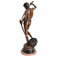 "David Apres le Combat" Antique French Bronze Statue & Marble Column by Antonin Mercie (1845-1916), circa 1880