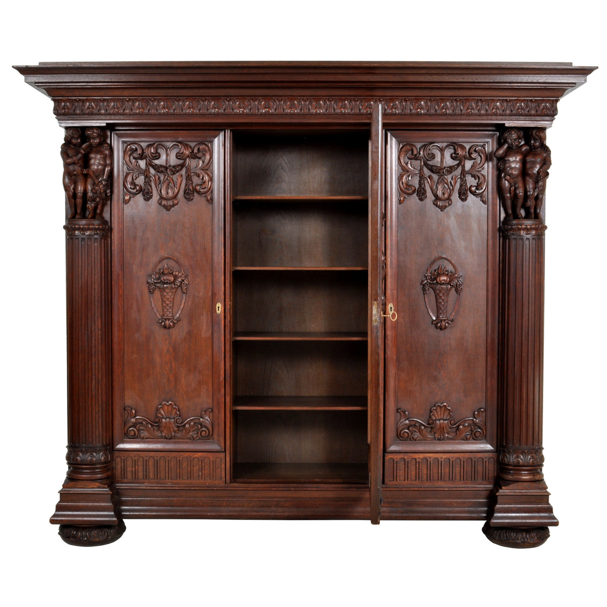 Antique German Baroque Revival Carved Oak Bookcase / Bibliotheque / Library Cabinet, circa 1890