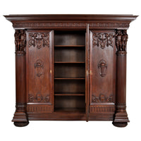 Antique German Baroque Revival Carved Oak Bookcase / Bibliotheque / Library Cabinet, circa 1890