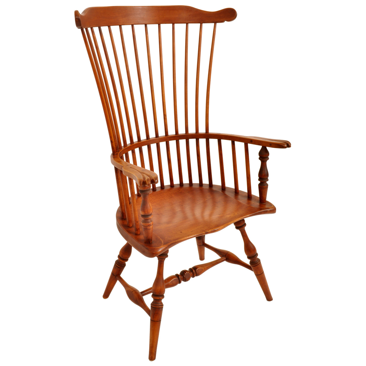 Pair of Antique Cherry Comb Fan Back Windsor Arm Chairs, Pennsylvania, circa 1900