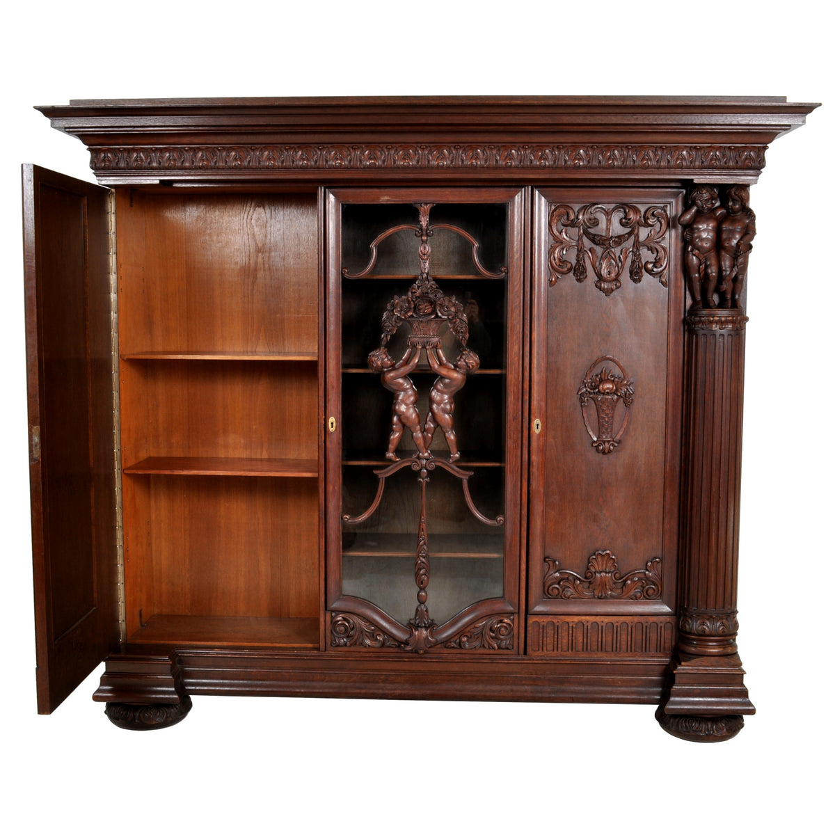 Antique German Baroque Revival Carved Oak Bookcase / Bibliotheque / Library Cabinet, circa 1890