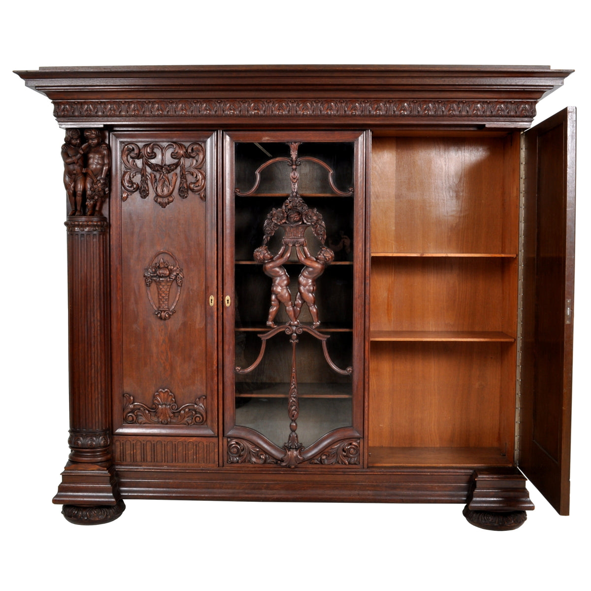 Antique German Baroque Revival Carved Oak Bookcase / Bibliotheque / Library Cabinet, circa 1890