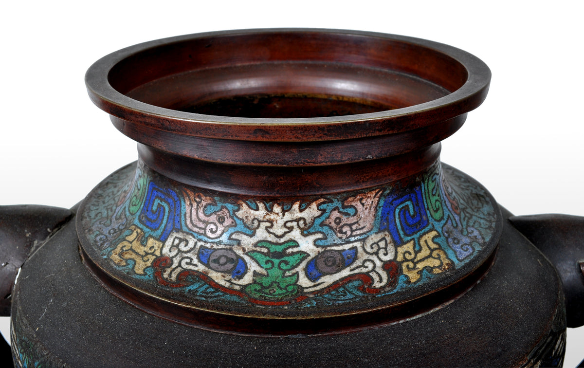 Monumental Antique Archaic Chinese 19th Century Cloisonné Champlevé Bronze Vase, circa 1890