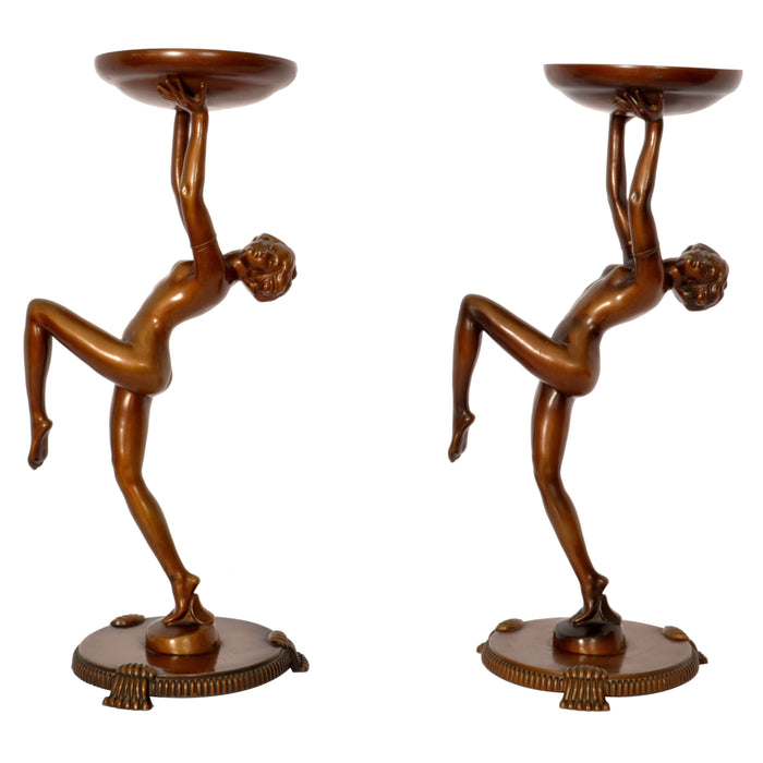 Antique Pair of French Art Deco Bronze Female Nude Dancers Statues Stands Circa 1925