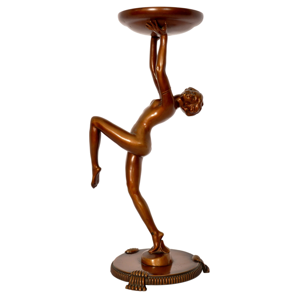 Antique Pair of French Art Deco Bronze Female Nude Dancers Statues Stands Circa 1925