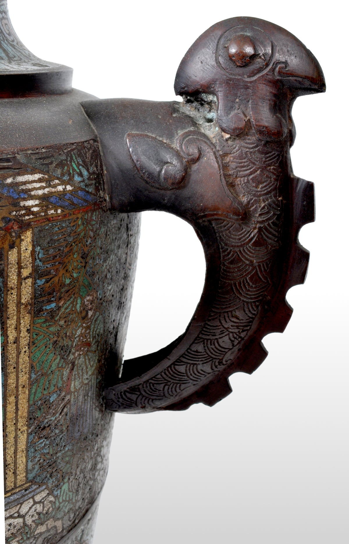 Monumental Antique Archaic Chinese 19th Century Cloisonné Champlevé Bronze Vase, circa 1890