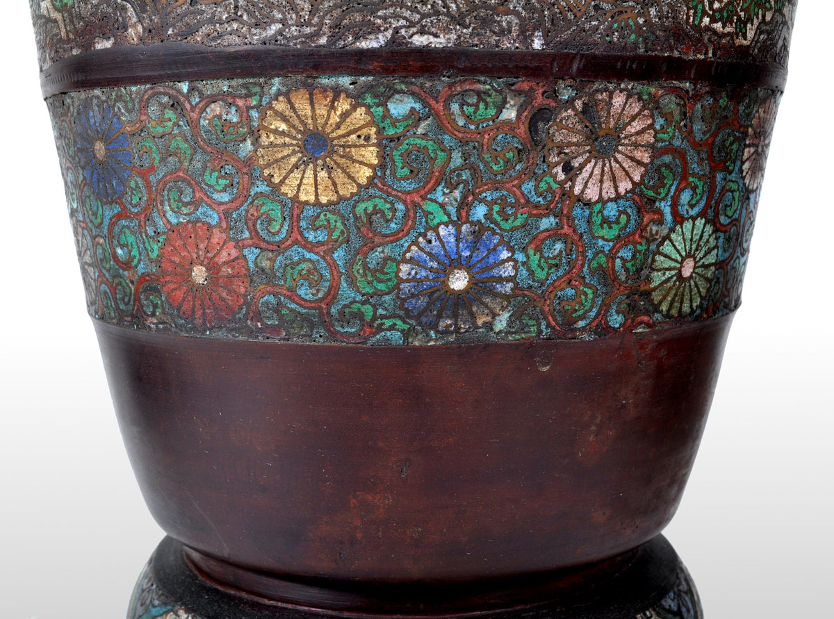 Monumental Antique Archaic Chinese 19th Century Cloisonné Champlevé Bronze Vase, circa 1890