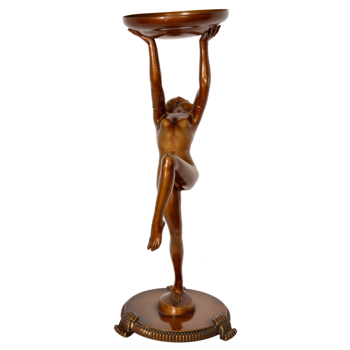 Antique Pair of French Art Deco Bronze Female Nude Dancers Statues Stands Circa 1925